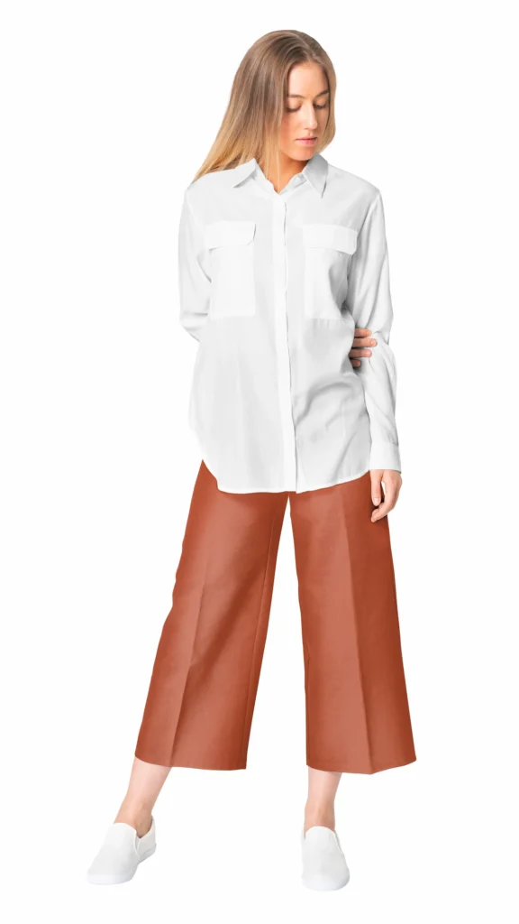 Kemeja Putih, Celana Kulot Cokelat, & Sepatu Slip-On Putih