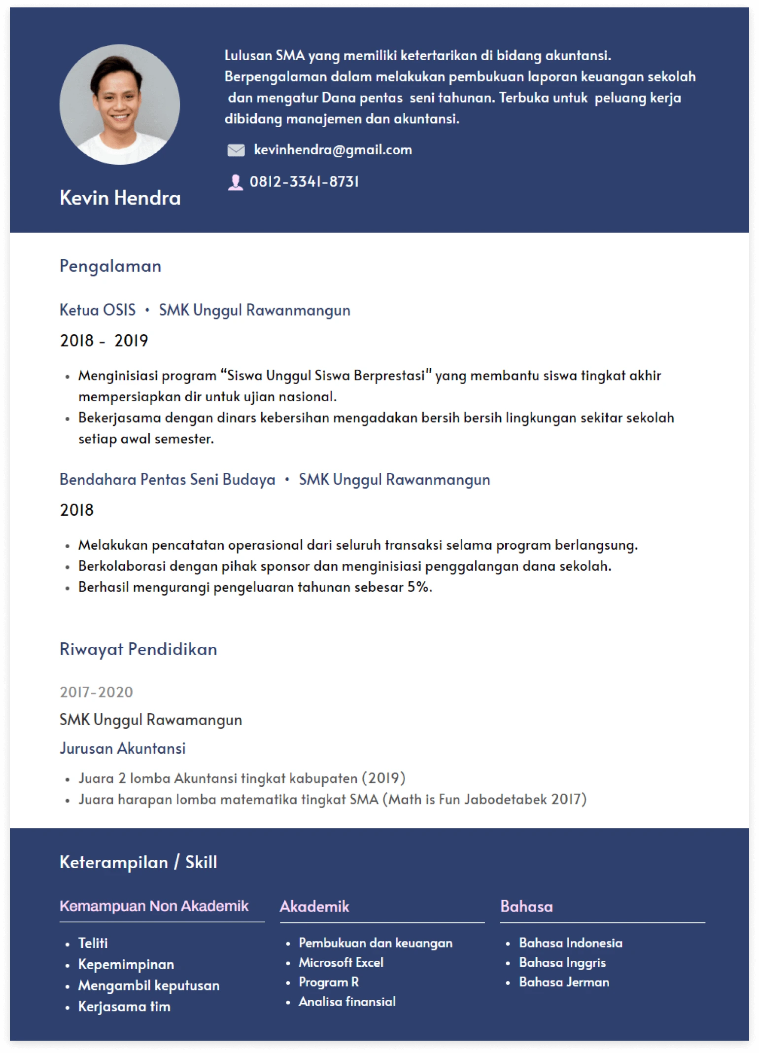 Contoh CV ATS Friendly Fresh Graduate SMK