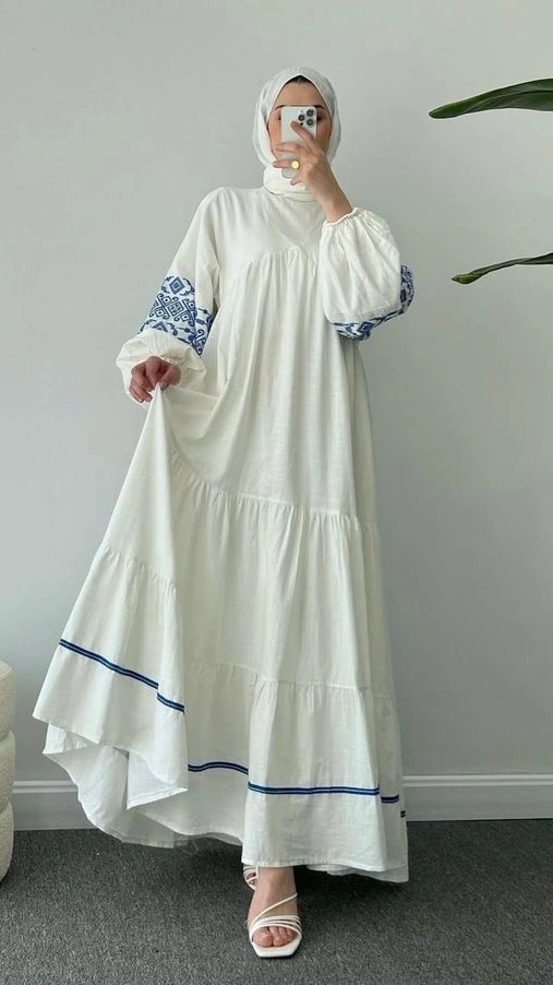 Gamis Putih Kombinasi Biru